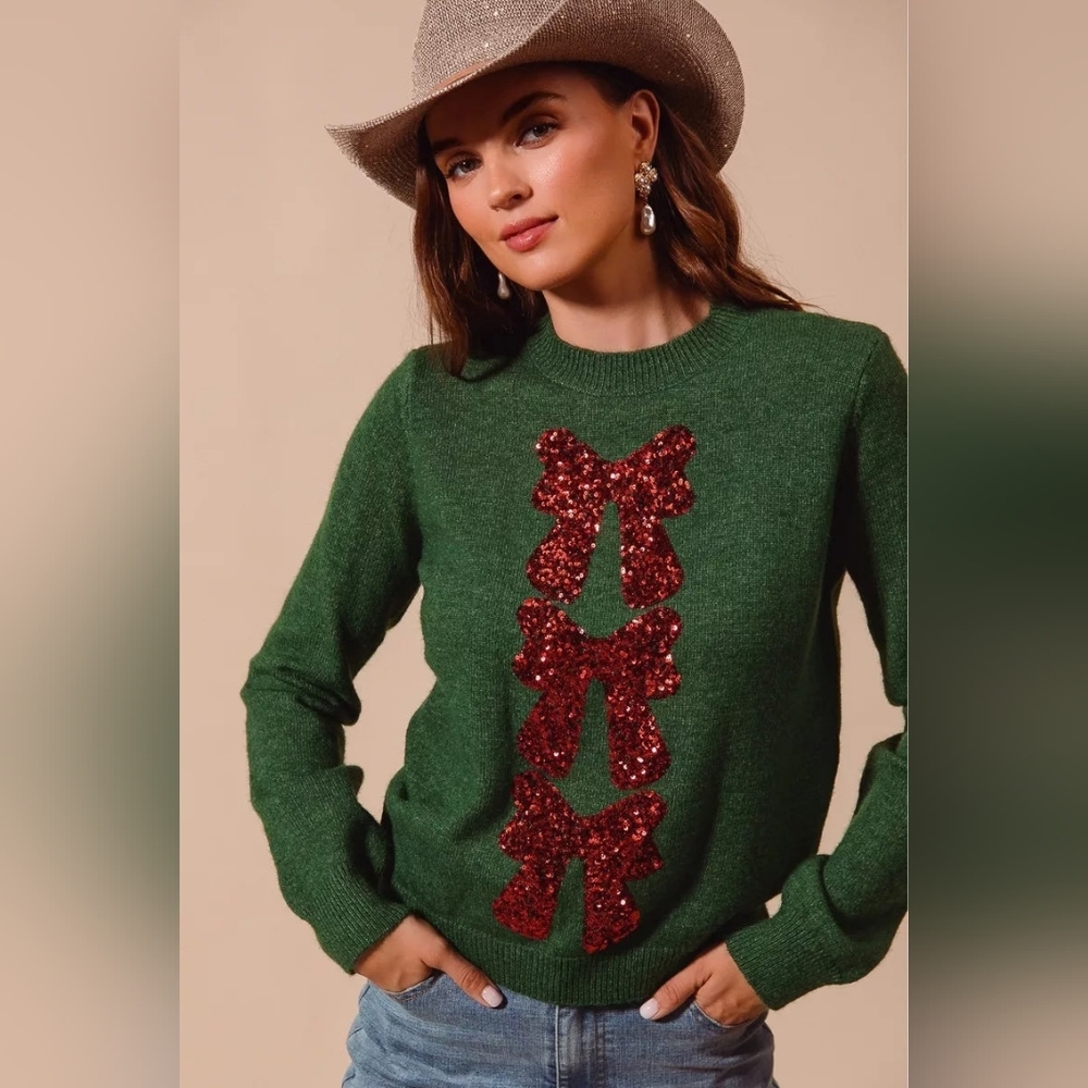 So Me Sequins Bows Ribbon Embellished Christmas Crew Neck Pull Over Sweater XL